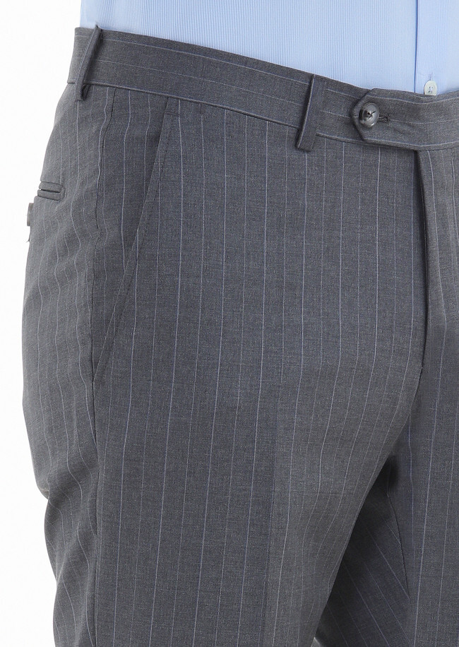 Koyu Gri Çizgili Kumaş Modern Fit Klasik %100 Yün Pantolon - Thumbnail