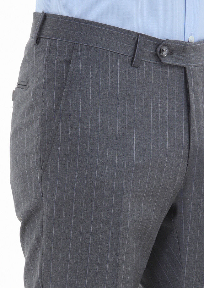 Koyu Gri Çizgili Kumaş Modern Fit Klasik %100 Yün Pantolon