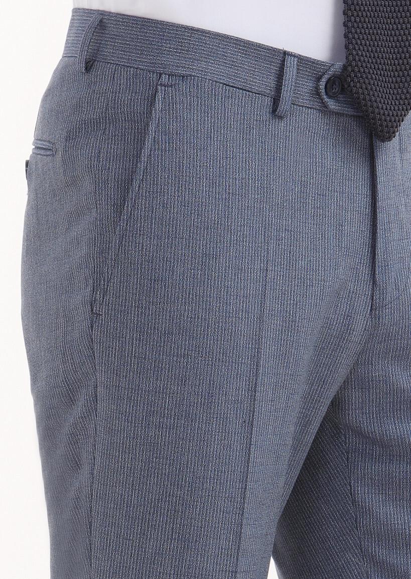 Mavi Çizgili Kumaş Modern Fit Klasik Yün Karışımlı Pantolon - Thumbnail