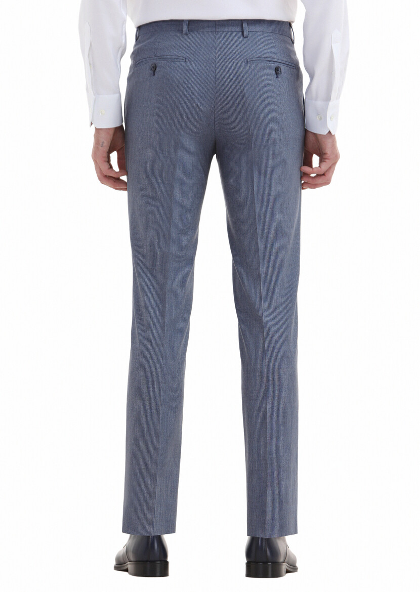 Mavi Çizgili Kumaş Modern Fit Klasik Yün Karışımlı Pantolon - Thumbnail