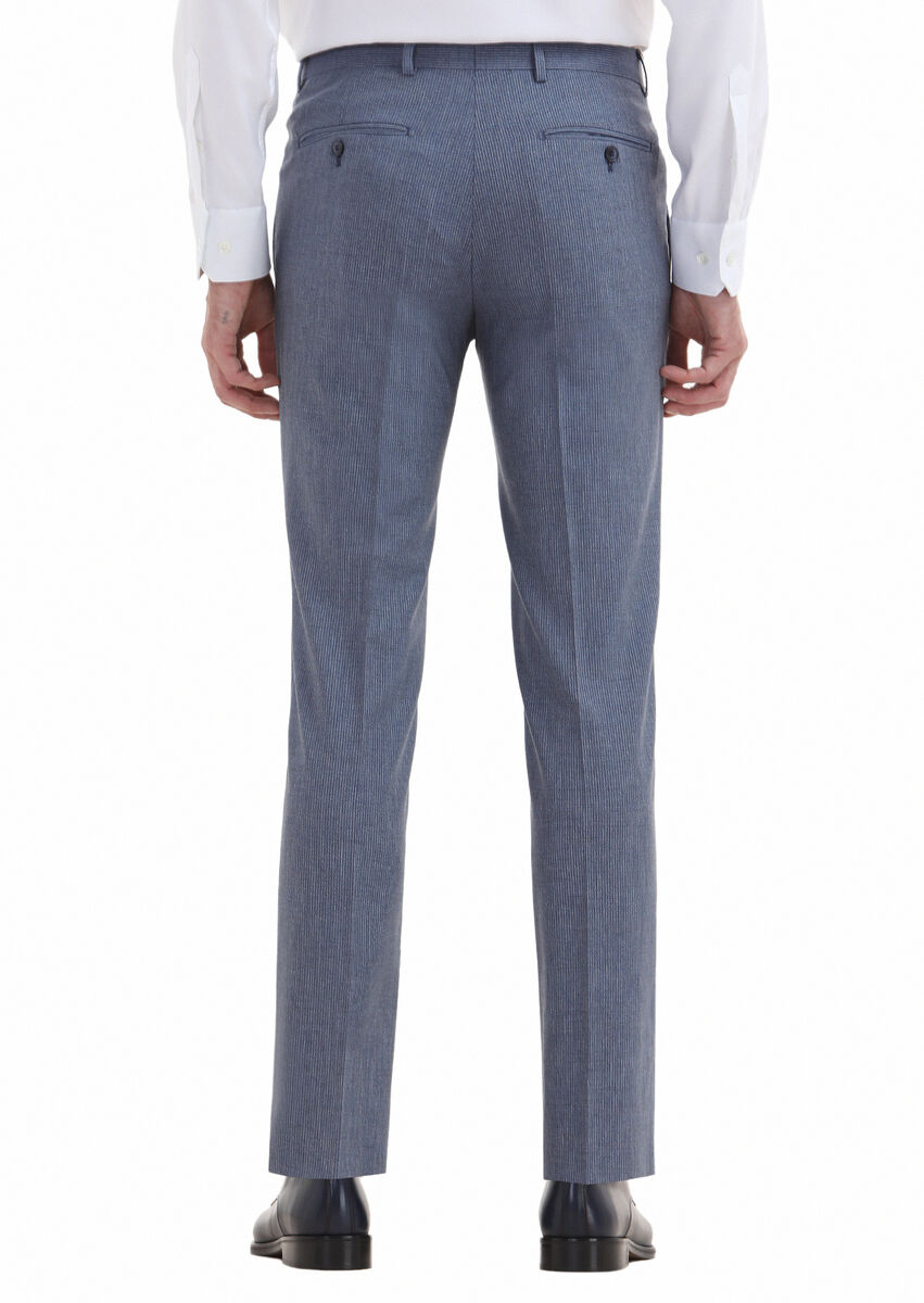 Mavi Çizgili Kumaş Modern Fit Klasik Yün Karışımlı Pantolon