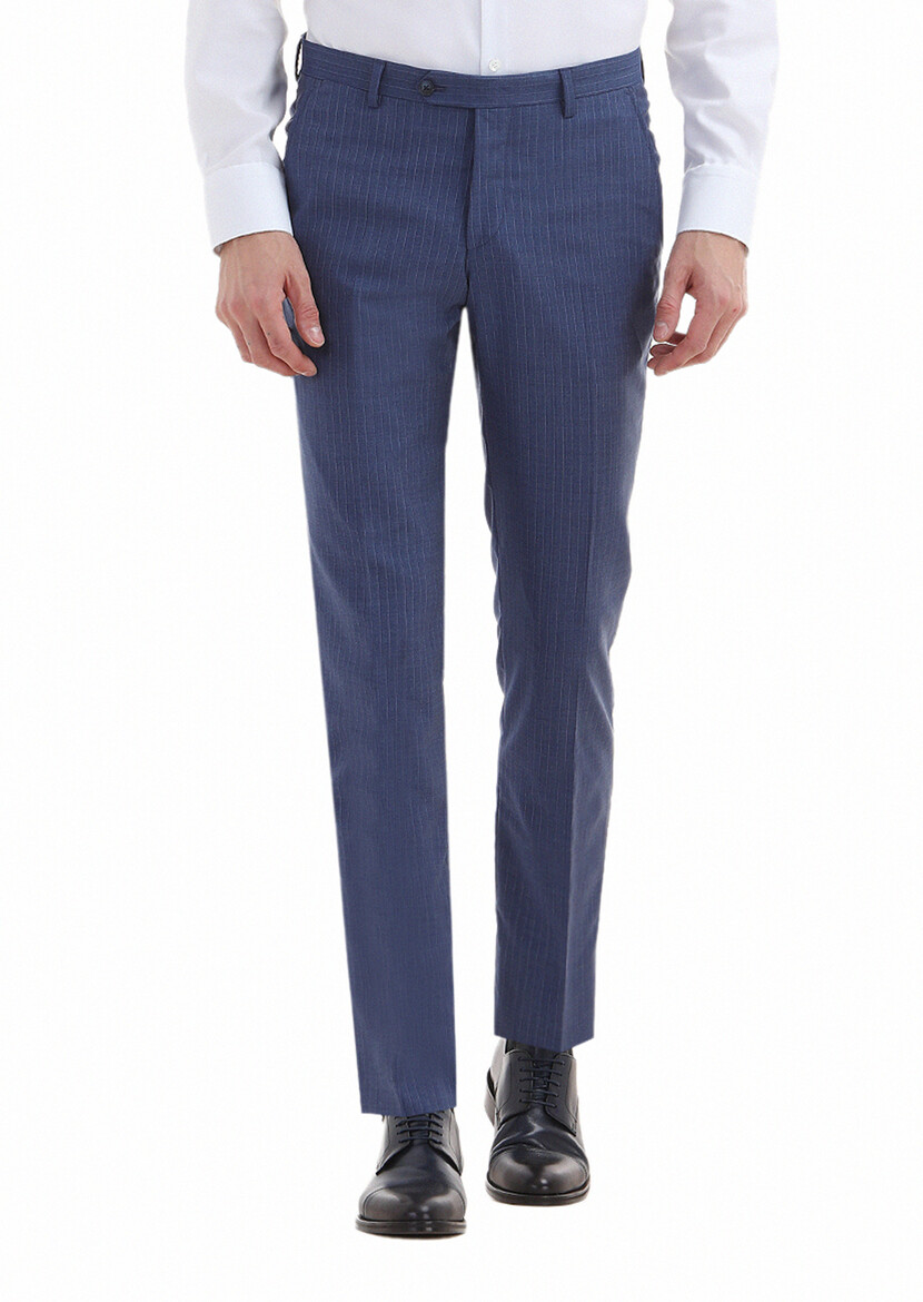 Mavi Çizgili Kumaş Modern Fit Klasik %100 Yün Pantolon - Thumbnail