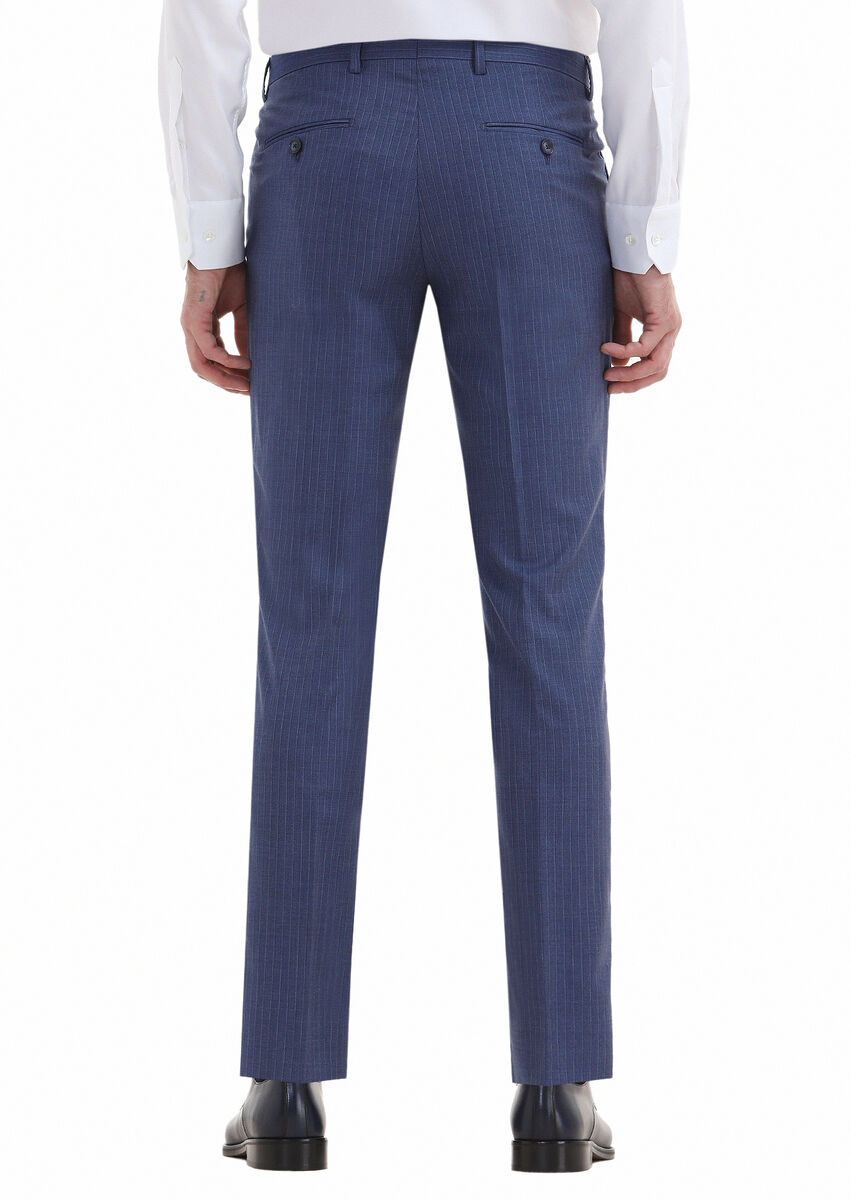 Mavi Çizgili Kumaş Modern Fit Klasik %100 Yün Pantolon