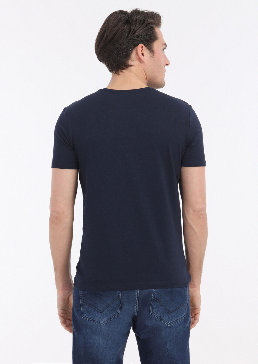 Lacivert Düz Pamuk Karışımlı T-Shirt