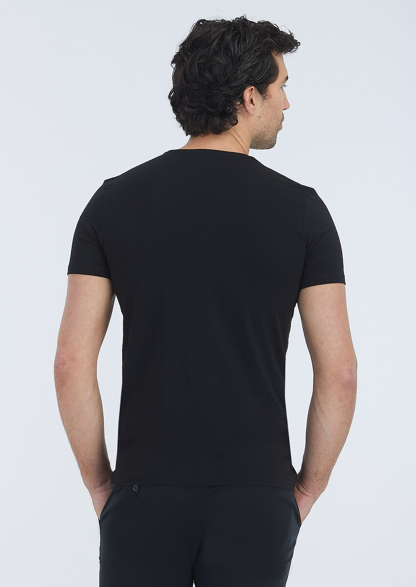 Siyah Düz V Yaka Pamuk Karışımlı T-Shirt