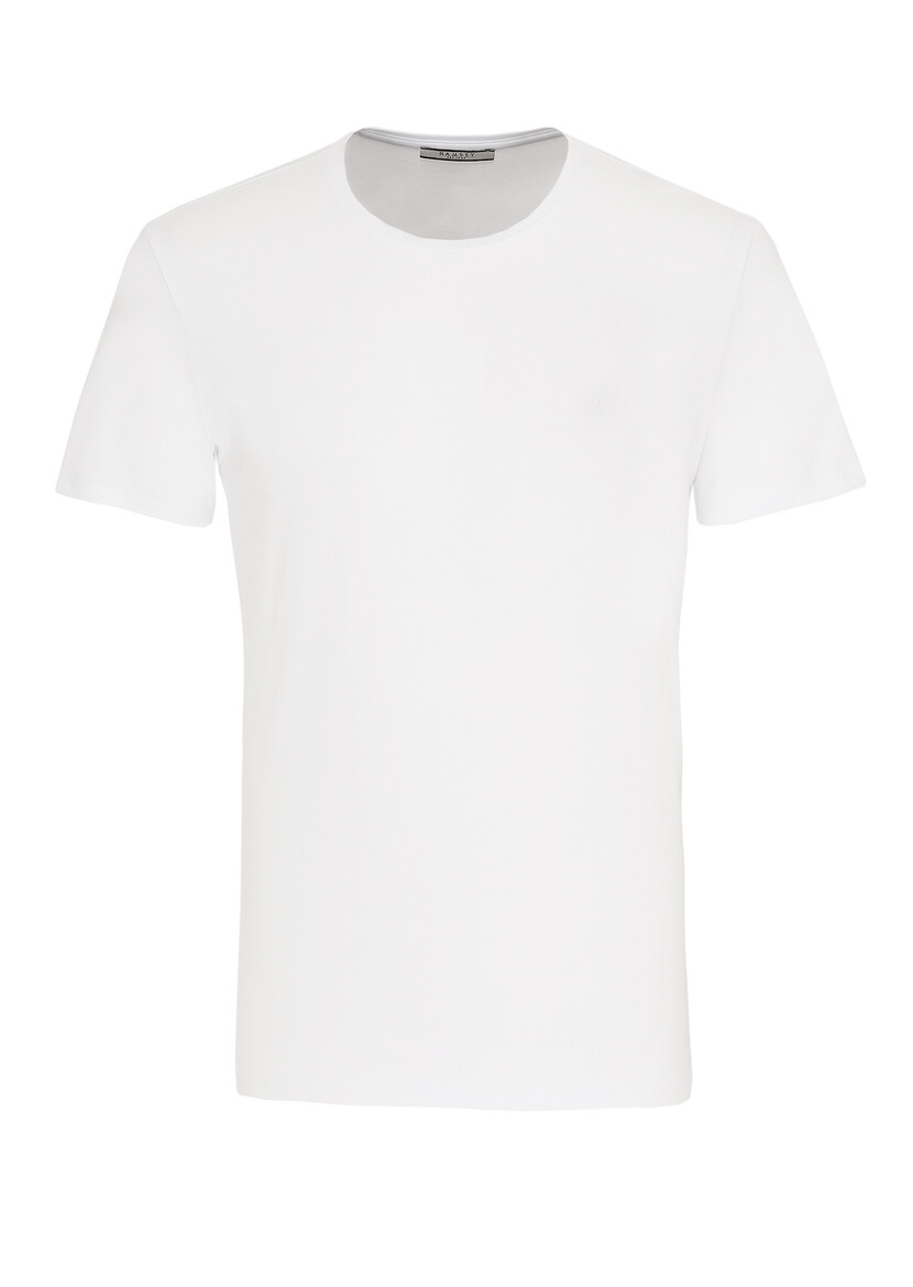 Beyaz Düz Bisiklet Yaka %100 Pamuk T-Shirt - Thumbnail