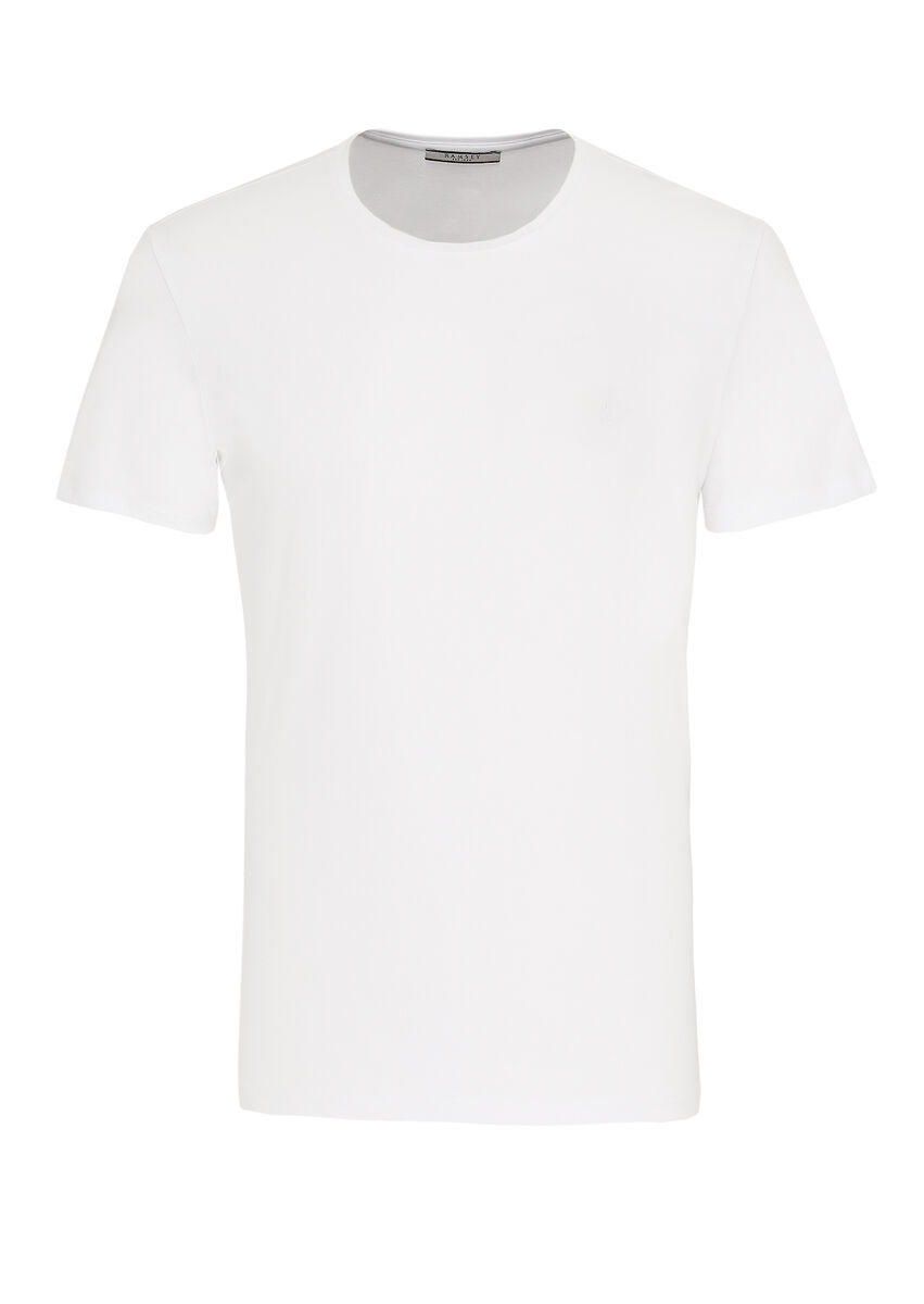 Beyaz Düz Bisiklet Yaka %100 Pamuk T-Shirt