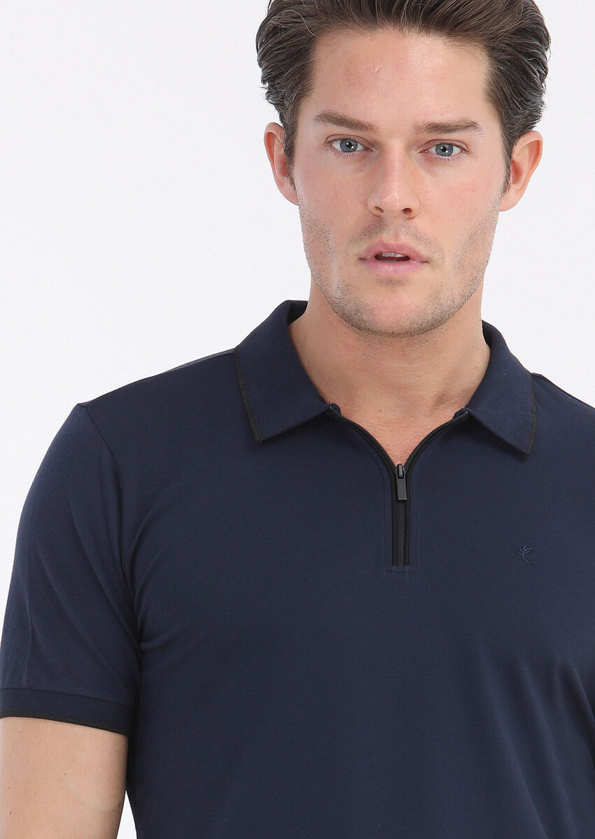 Lacivert Düz Polo Yaka Pamuk Karışımlı T-Shirt