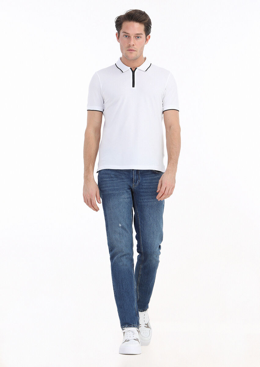 Beyaz Düz Polo Yaka Pamuk Karışımlı T-Shirt