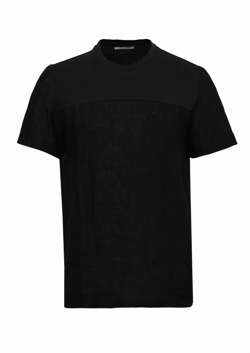 Siyah Düz Bisiklet Yaka %100 Pamuk T-Shirt