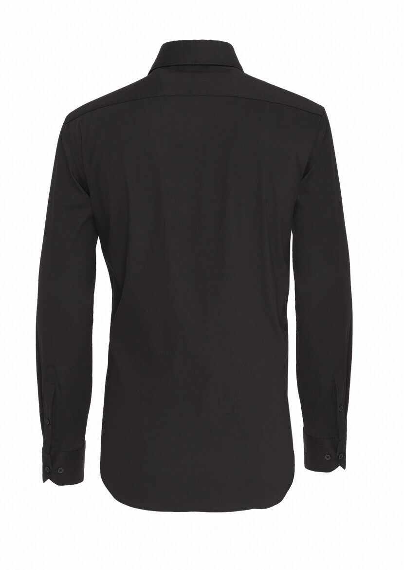 Siyah Düz Slim Fit Dokuma Klasik Pamuk Karışımlı Gömlek - Thumbnail