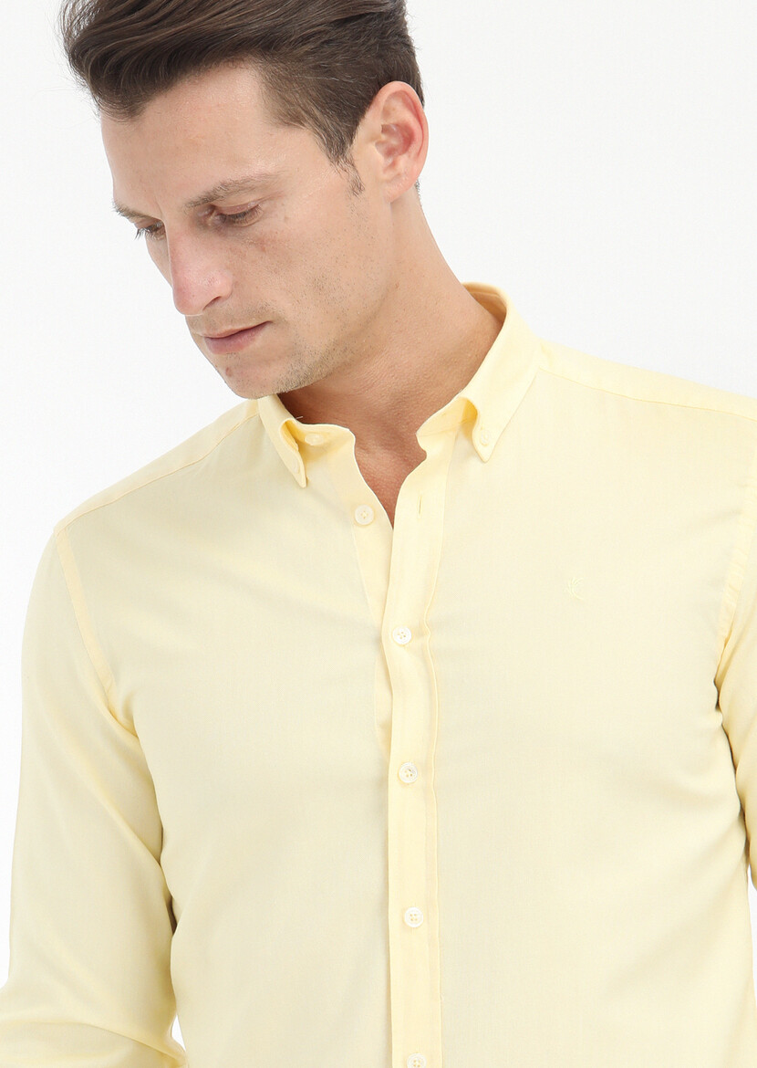 Sarı Düz Slim Fit Dokuma Casual %100 Pamuk Gömlek - Thumbnail