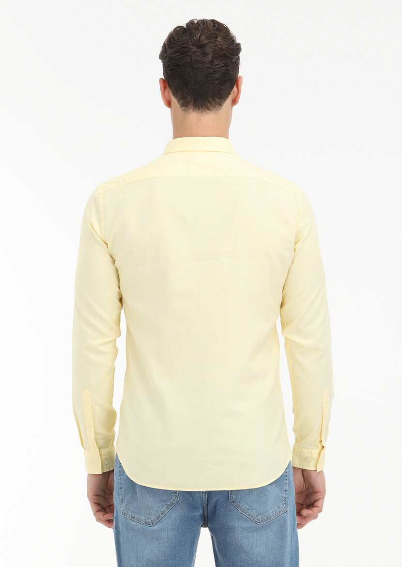 Sarı Düz Slim Fit Dokuma Casual %100 Pamuk Gömlek - Thumbnail