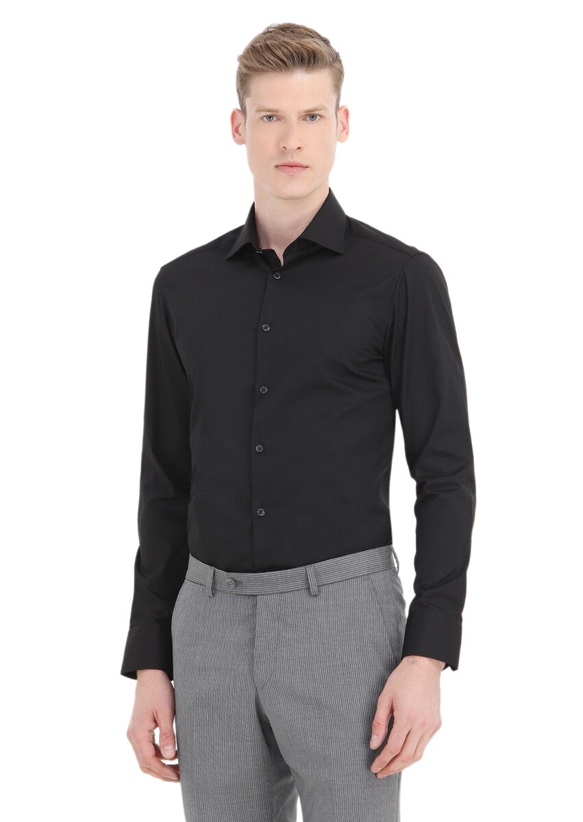 Siyah Düz Slim Fit Dokuma Klasik Pamuk Karışımlı Gömlek