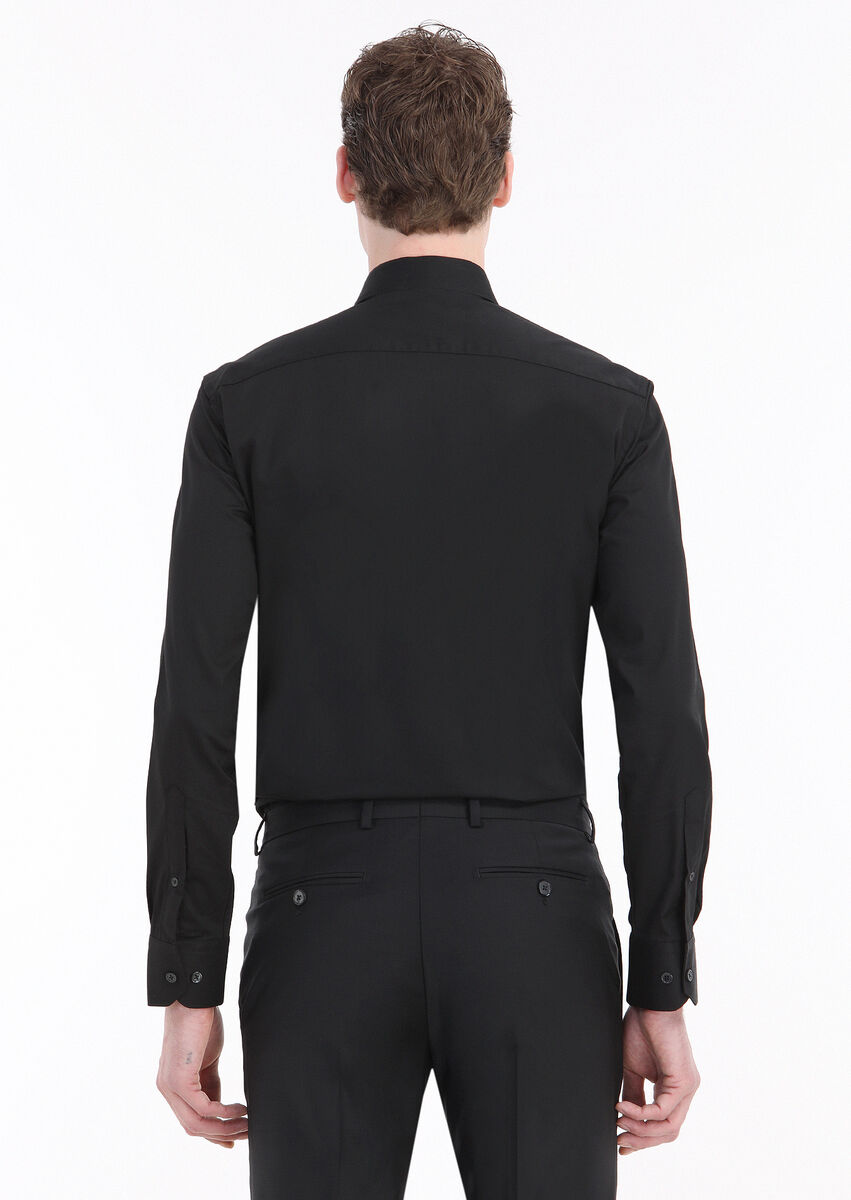 Siyah Düz Regular Fit Dokuma Klasik Pamuk Karışımlı Gömlek