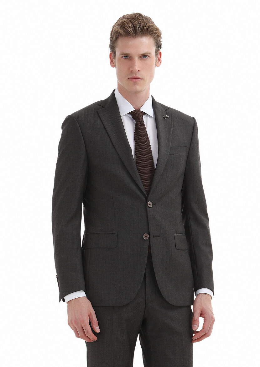 Kahverengi Çizgili Modern Fit %100 Yün Takım Elbise - Thumbnail