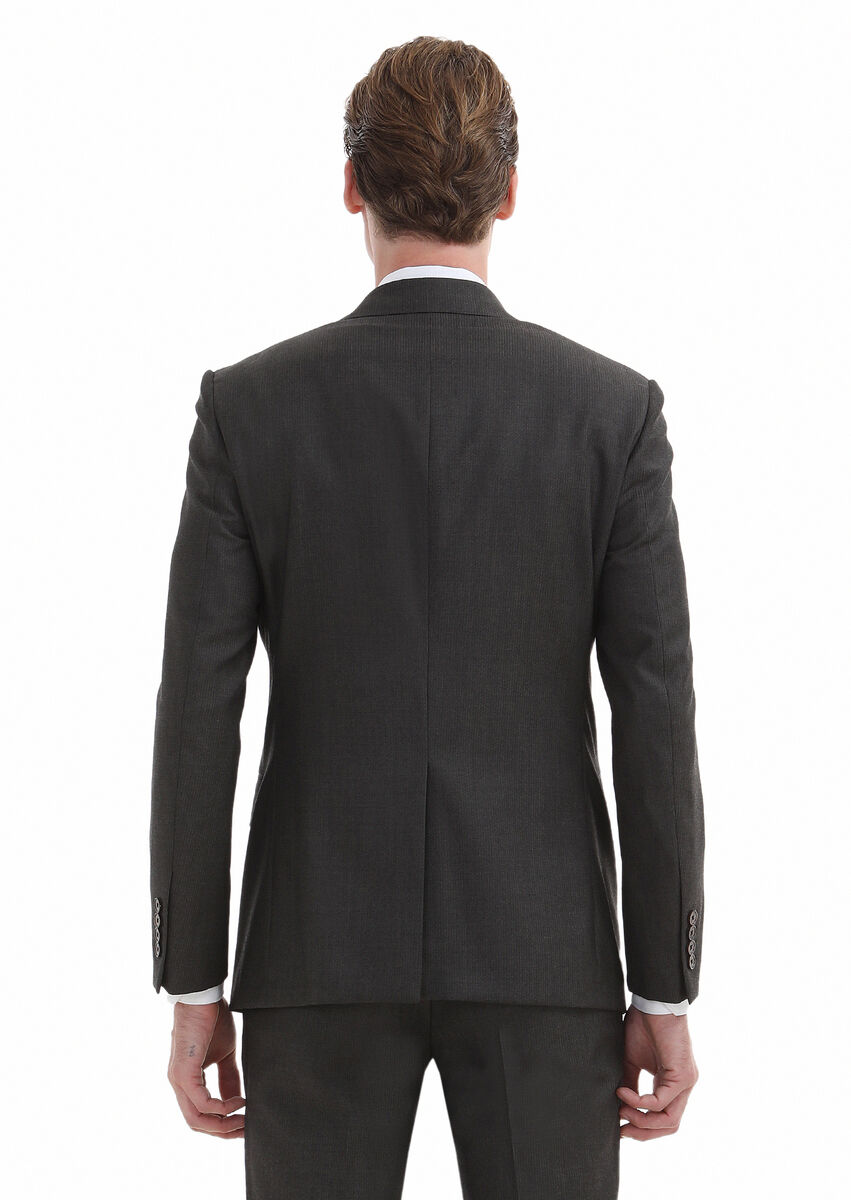 Kahverengi Çizgili Modern Fit %100 Yün Takım Elbise