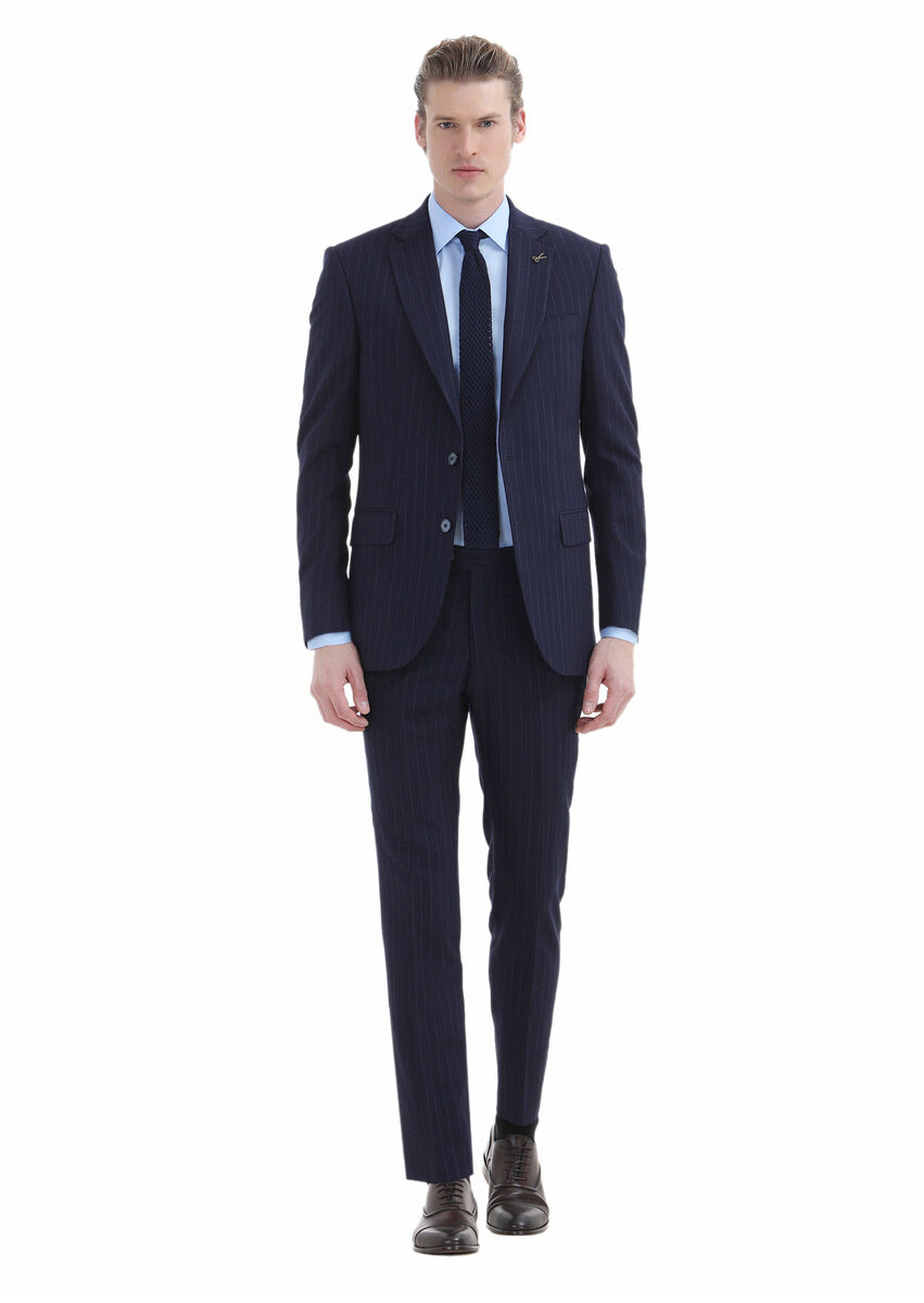 Lacivert Çizgili Thin&taller Slim Fit Yün Karışımlı Takım Elbise