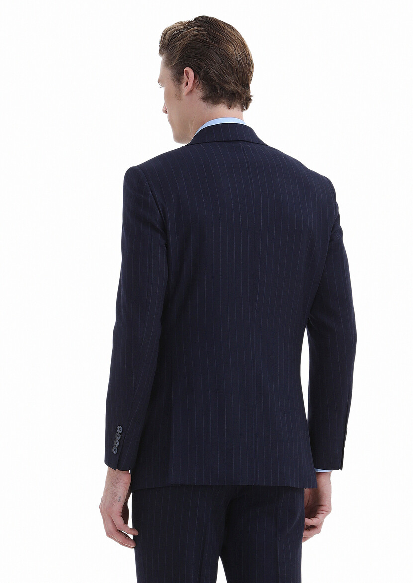 Lacivert Çizgili Thin&taller Slim Fit Yün Karışımlı Takım Elbise - Thumbnail