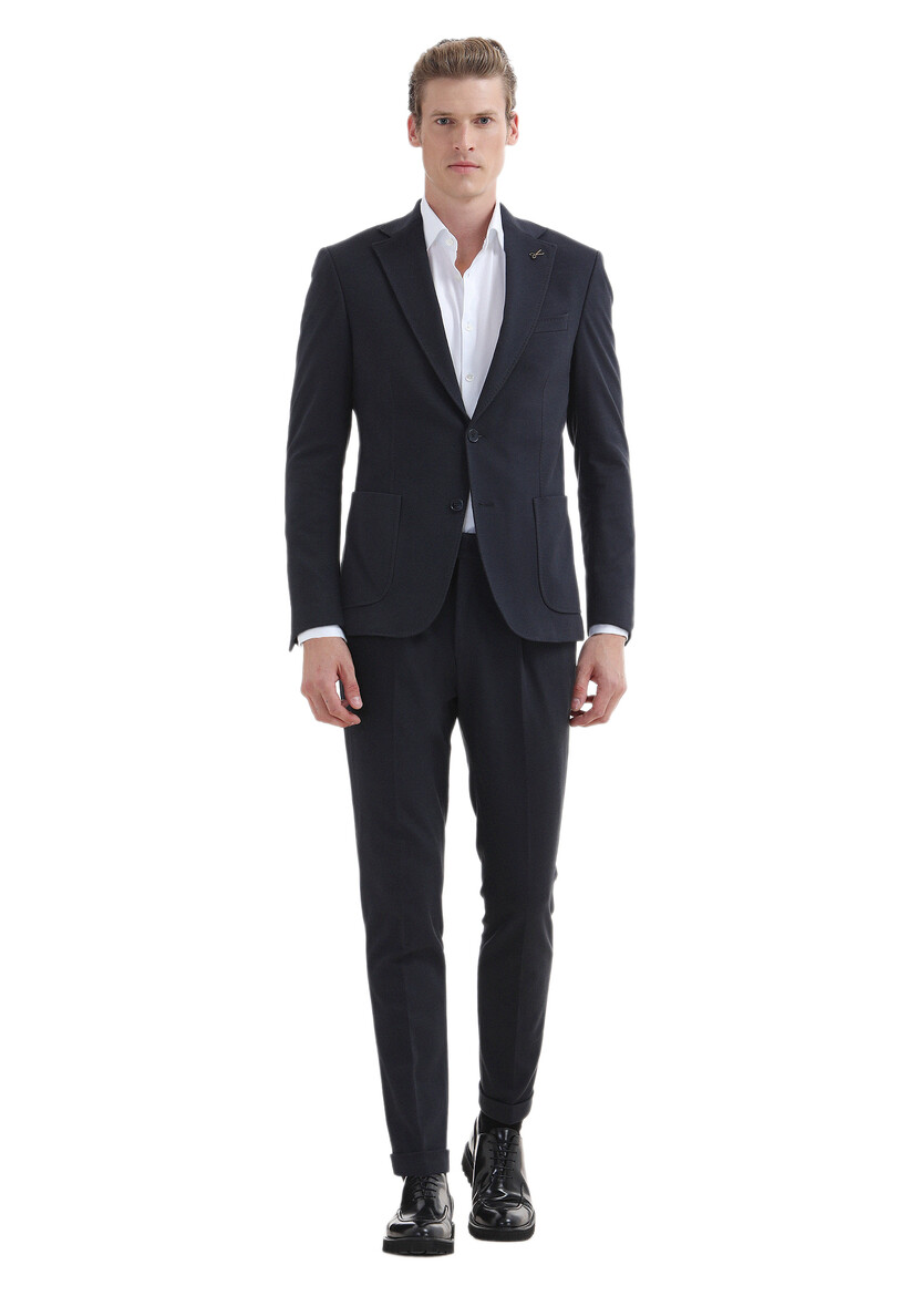 Lacivert Düz Zeroweight Slim Fit Pamuk Karışımlı Örme Takım Elbise - Thumbnail