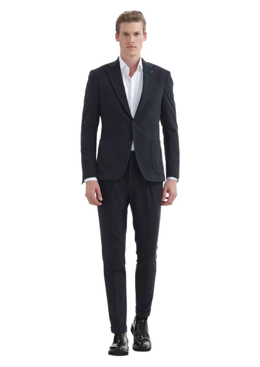 Lacivert Düz Zeroweight Slim Fit Pamuk Karışımlı Örme Takım Elbise