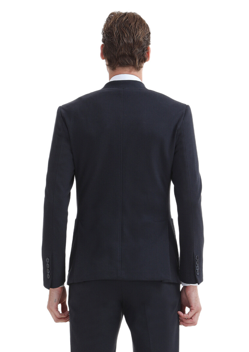 Lacivert Düz Zeroweight Slim Fit Pamuk Karışımlı Örme Takım Elbise - Thumbnail
