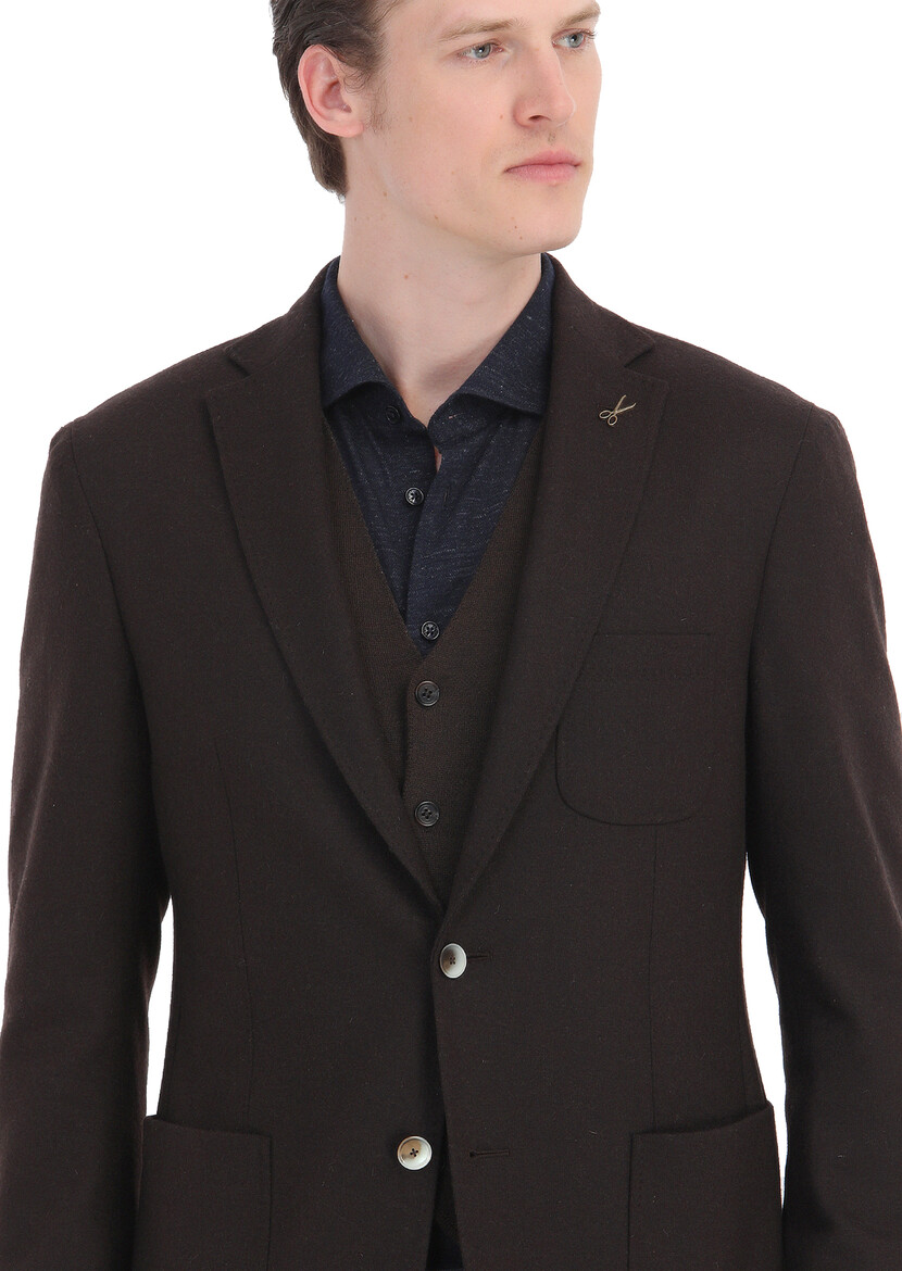 Kahverengi Düz Shirt Shoulder Slim Fit Yün Karışımlı Örme Ceket - Thumbnail