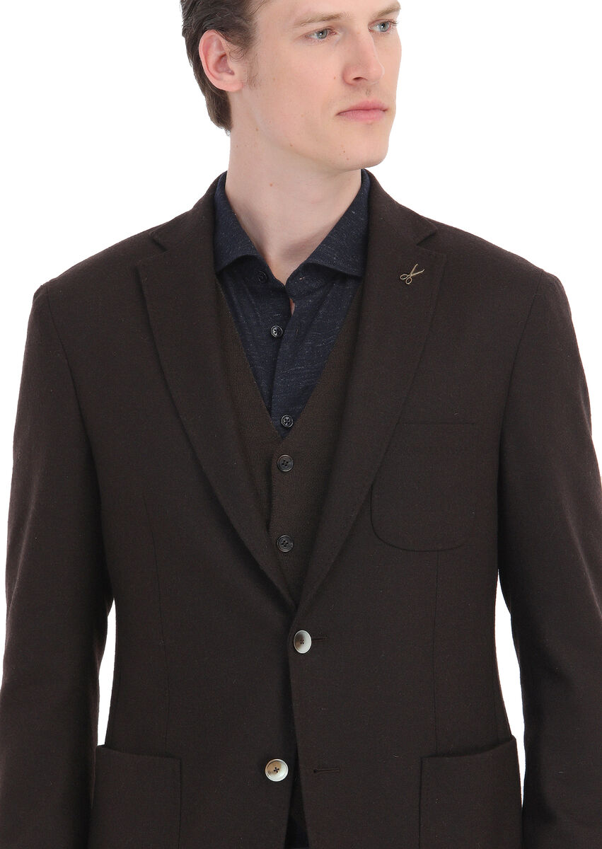 Kahverengi Düz Shirt Shoulder Slim Fit Yün Karışımlı Örme Ceket