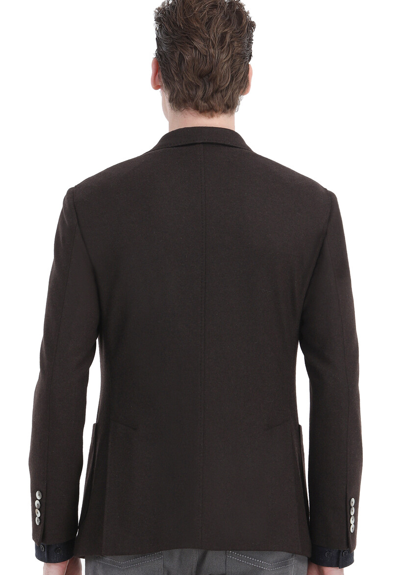 Kahverengi Düz Shirt Shoulder Slim Fit Yün Karışımlı Örme Ceket - Thumbnail