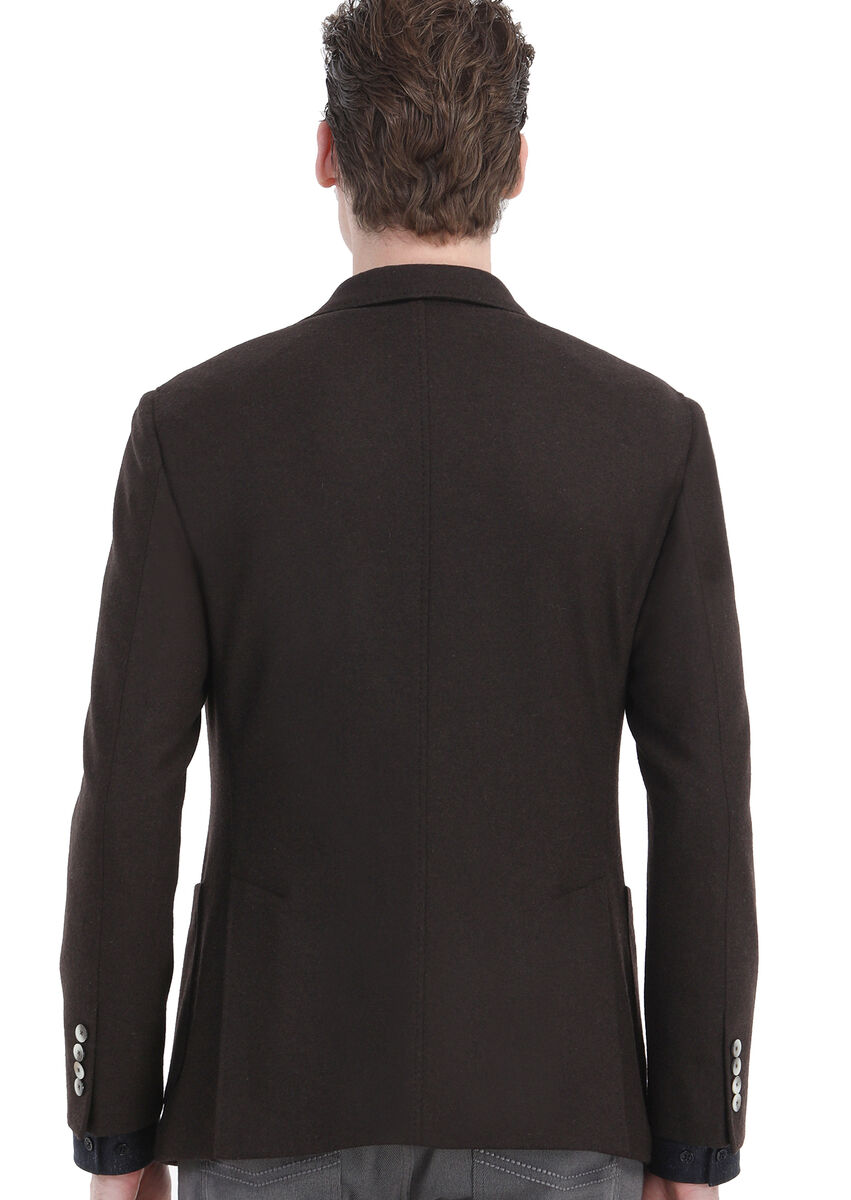 Kahverengi Düz Shirt Shoulder Slim Fit Yün Karışımlı Örme Ceket