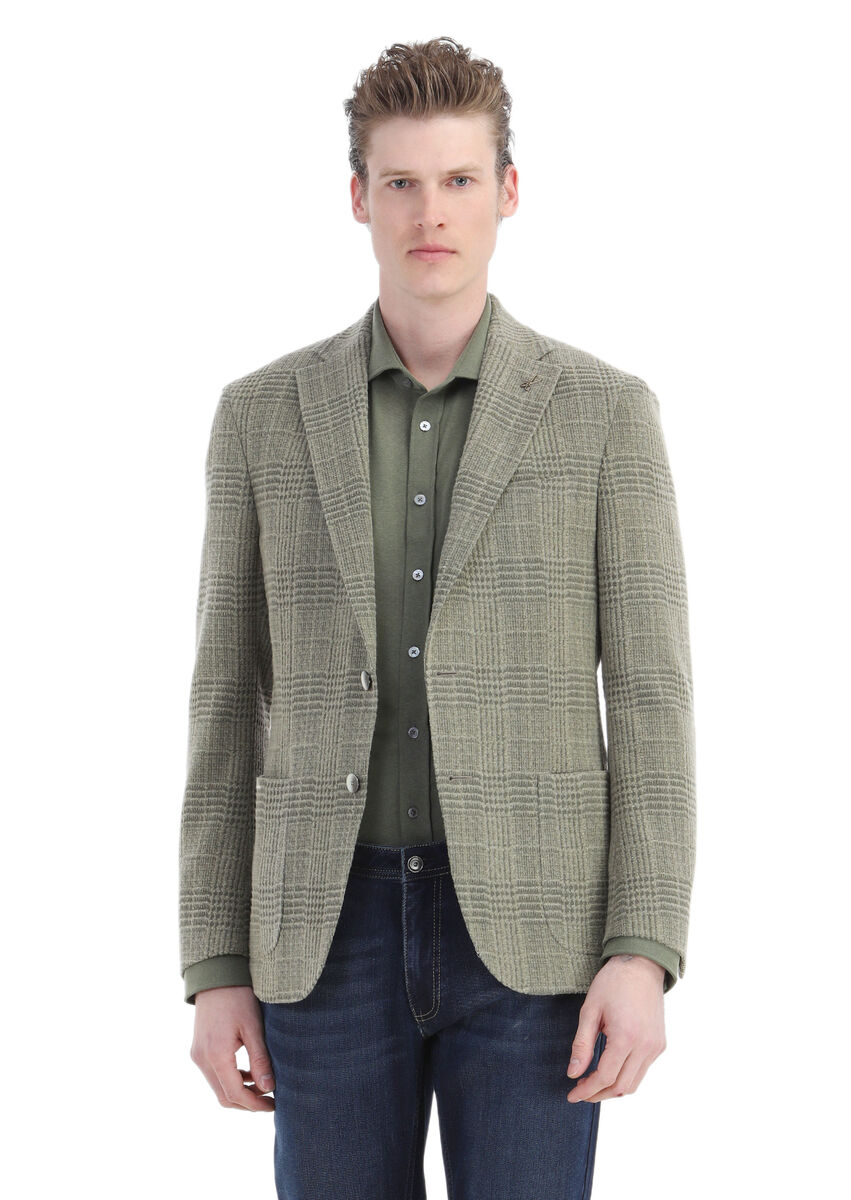 Açık Yeşil Kareli Shirt Shoulder Slim Fit Yün Karışımlı Ceket