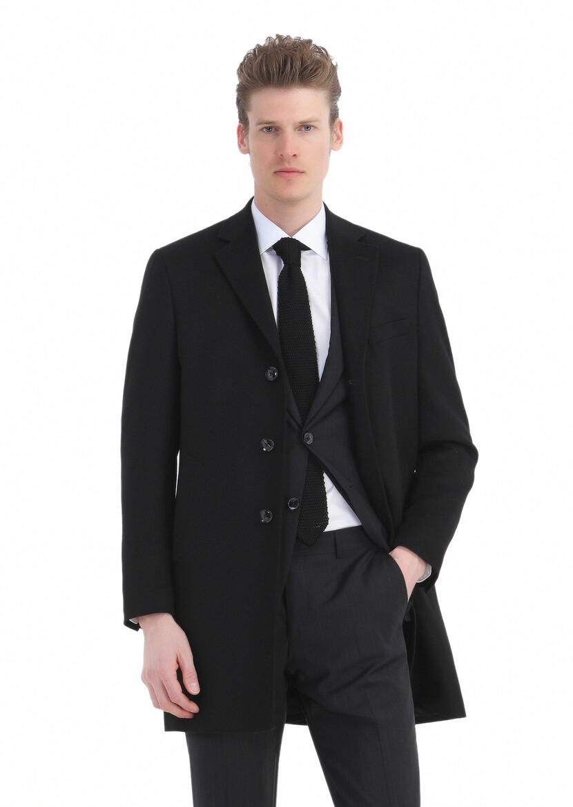 Siyah Çizgili Modern Fit Yün Karışımlı Takım Elbise - Thumbnail