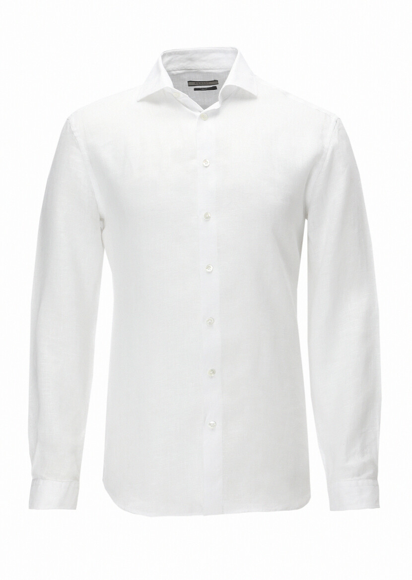 Beyaz Düz Regular Fit Dokuma Casual %100 Keten Gömlek - Thumbnail