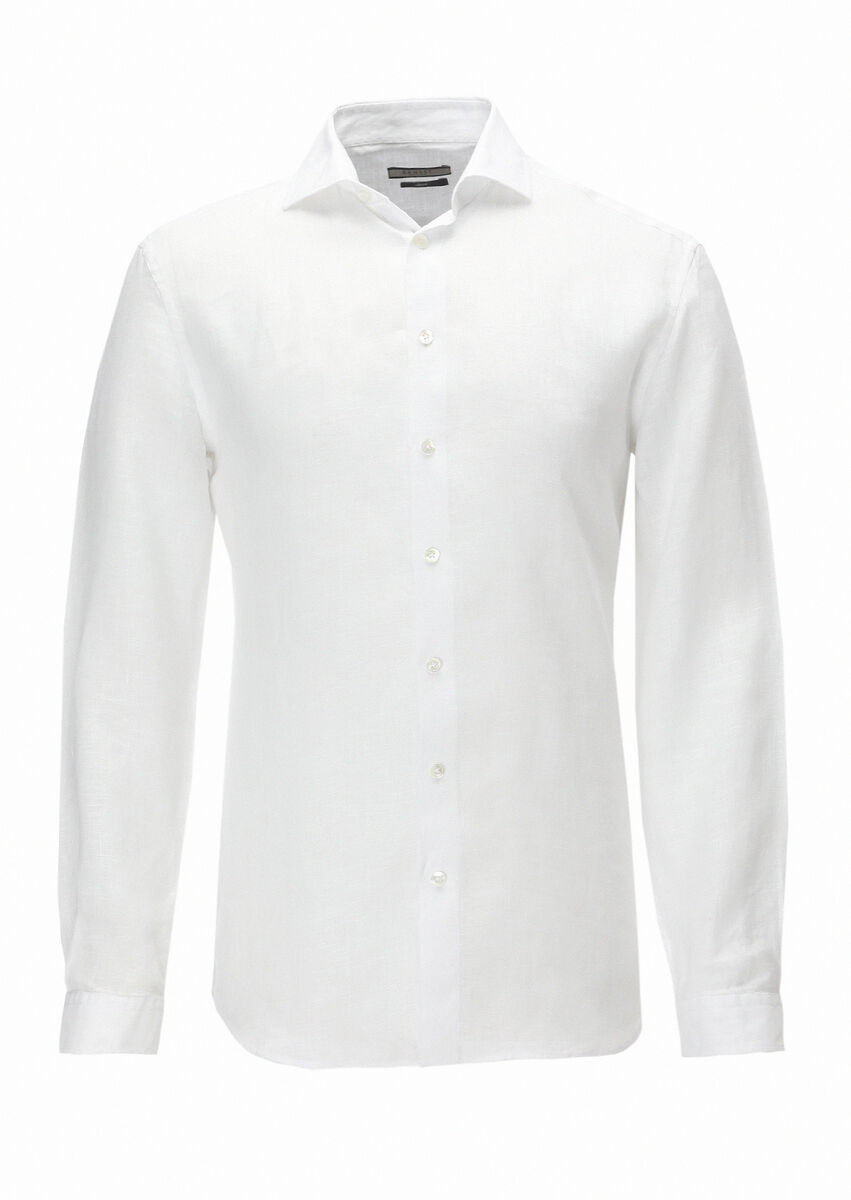 Beyaz Düz Regular Fit Dokuma Casual %100 Keten Gömlek