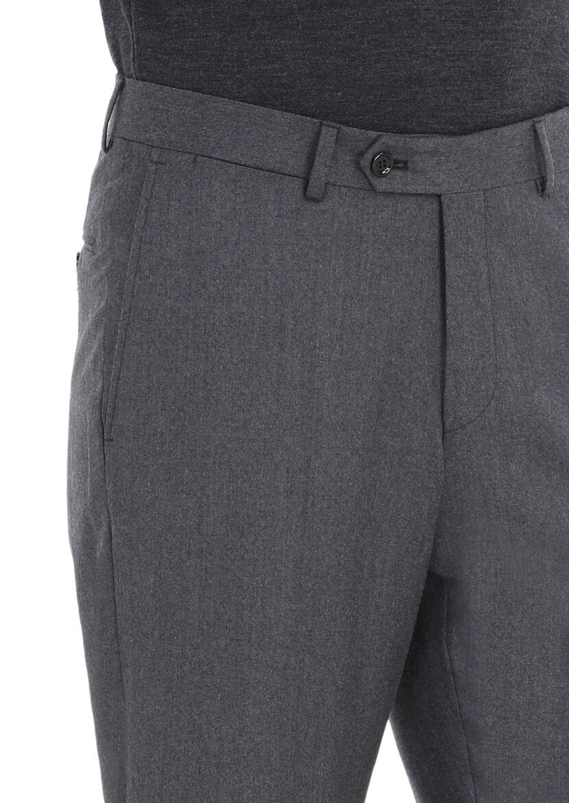 Gri Düz Kumaş Regular Fit Klasik %100 Yün Pantolon - Thumbnail
