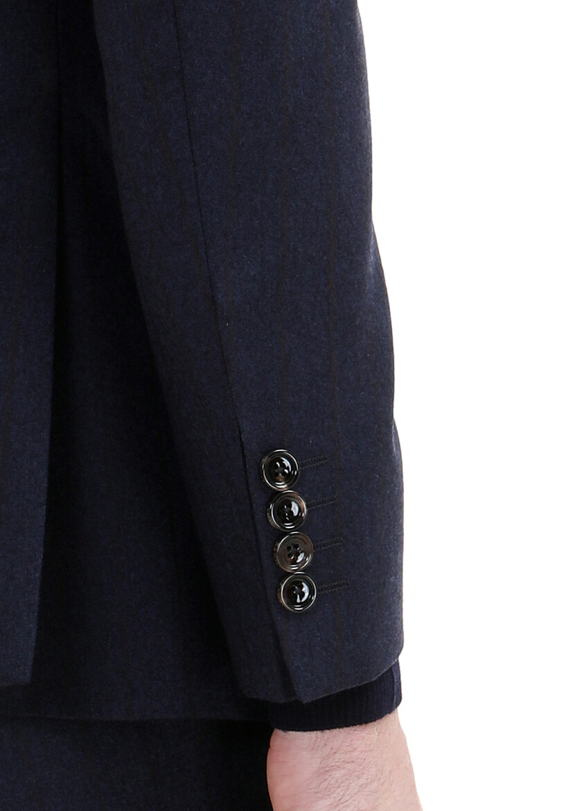 Lacivert Çizgili Zeroweight Slim Fit Yün Karışımlı Takım Elbise - Thumbnail