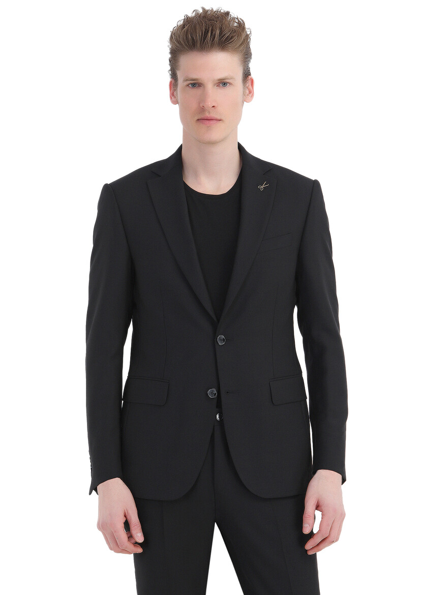 Siyah Mikro Modern Fit Yün Karışımlı Takım Elbise - Thumbnail