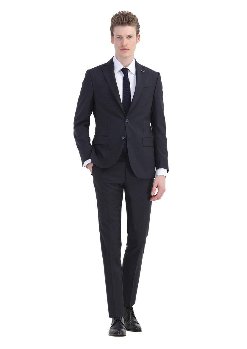 Lacivert Çizgili Modern Fit %100 Yün Takım Elbise - Thumbnail