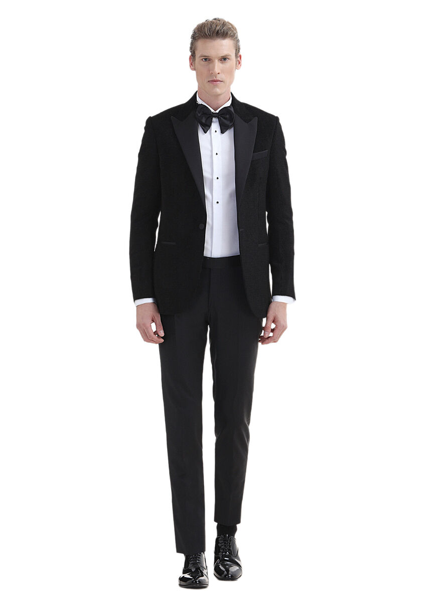 Siyah Desenli Thin&taller Slim Fit Kruvaze Yaka Dokuma Smokin Takım Elbise
