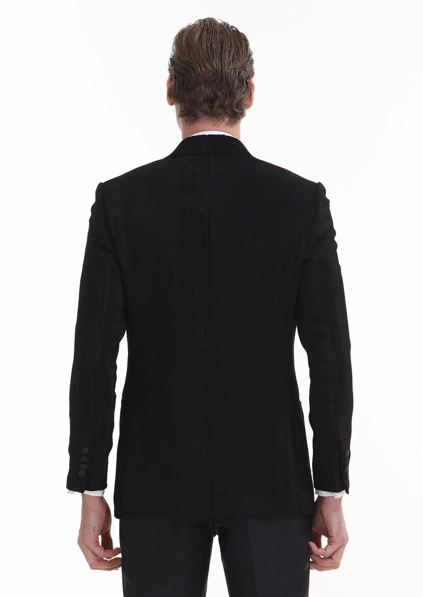 Siyah Desenli Thin&taller Slim Fit Kruvaze Yaka Dokuma Smokin Takım Elbise - Thumbnail