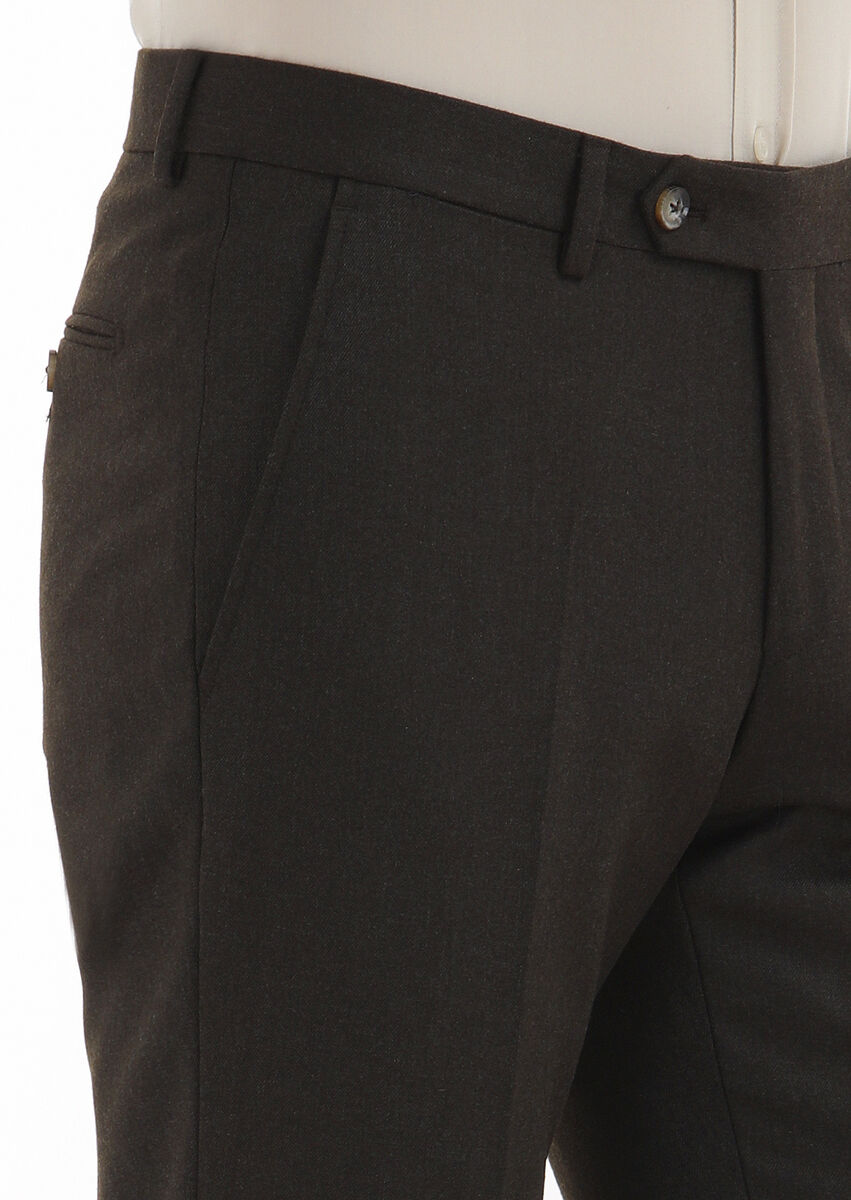 Haki Düz Kumaş Modern Fit Klasik Yün Karışımlı Pantolon