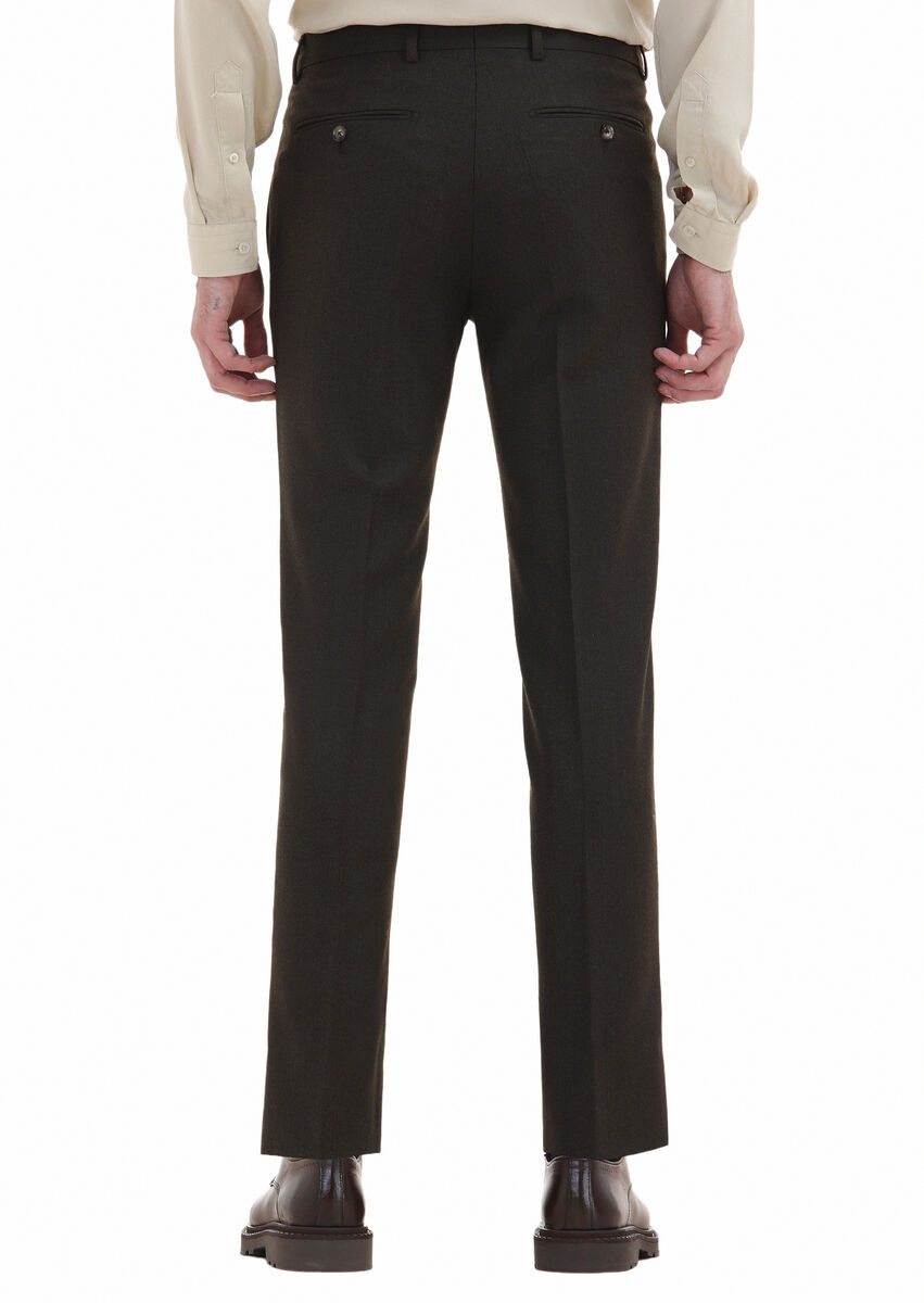 Haki Düz Kumaş Modern Fit Klasik Yün Karışımlı Pantolon