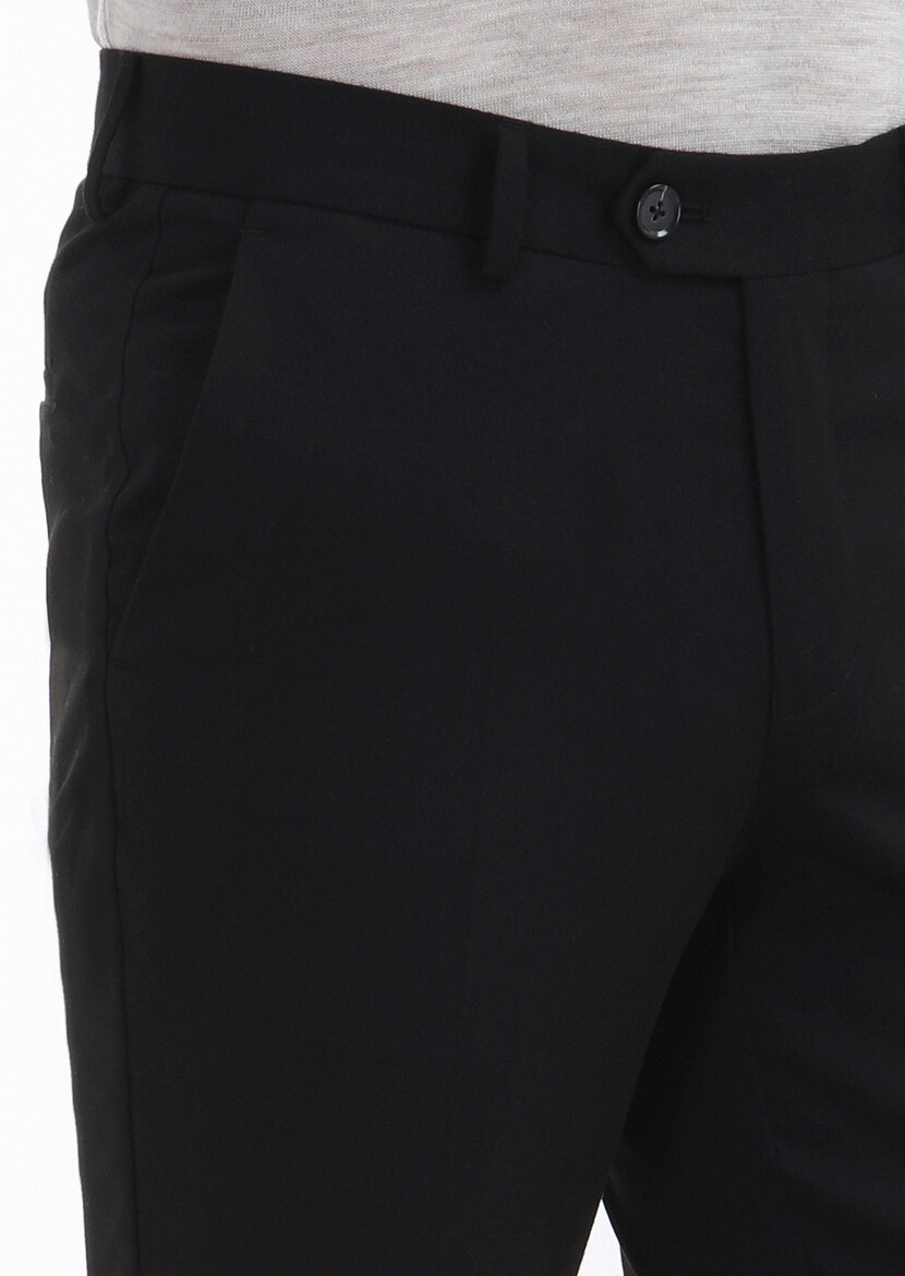 Siyah Düz Dokuma Slim Fit Klasik Pantolon - Thumbnail
