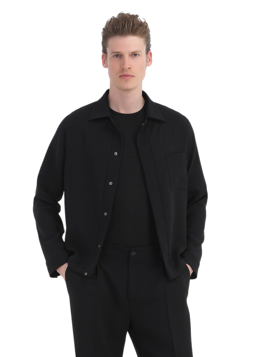 Siyah Düz Comfort Fit Yün Karışımlı Takım Elbise - Thumbnail