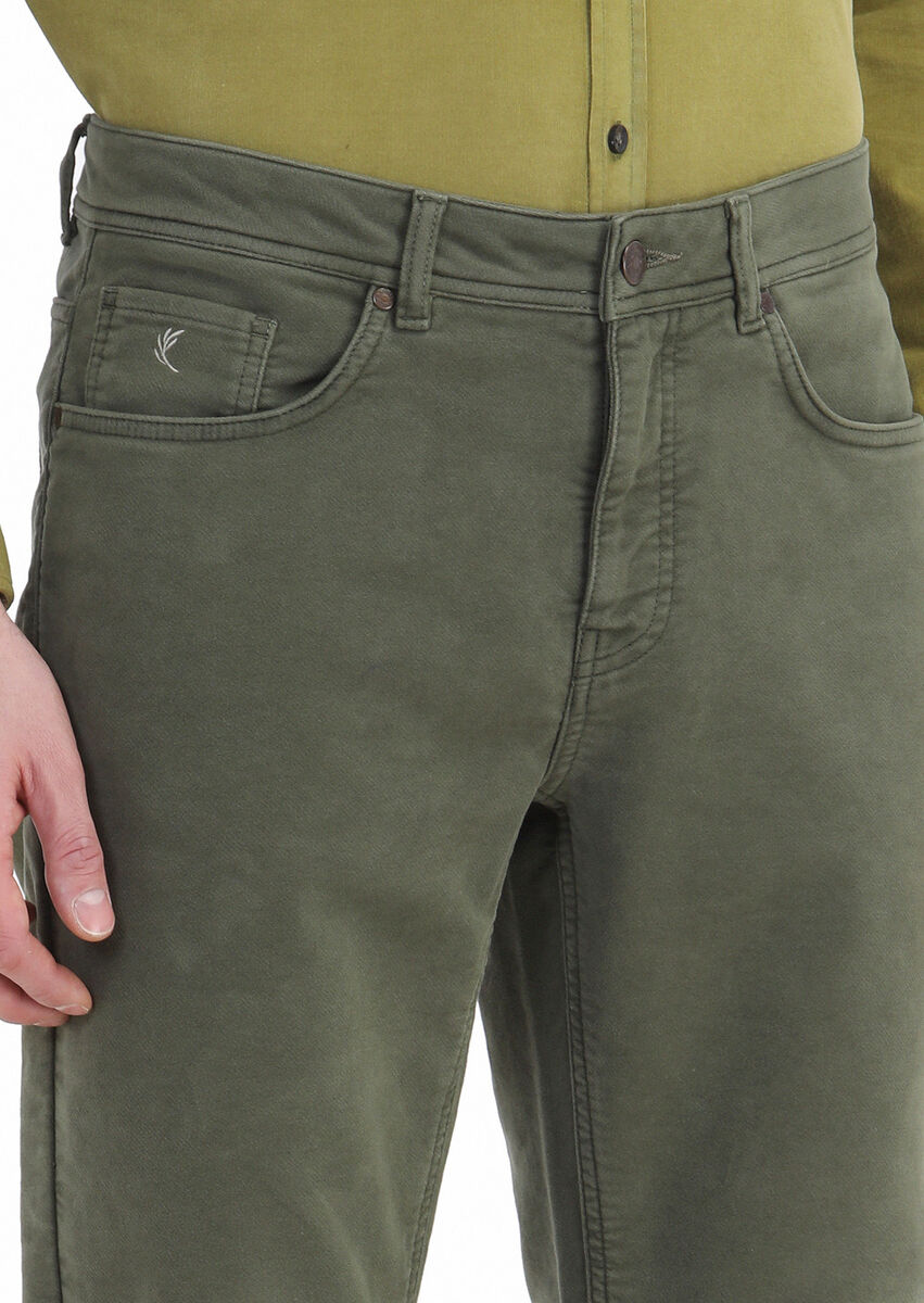 Haki Düz Dokuma Slim Fit Casual Pamuk Karışımlı Pantolon