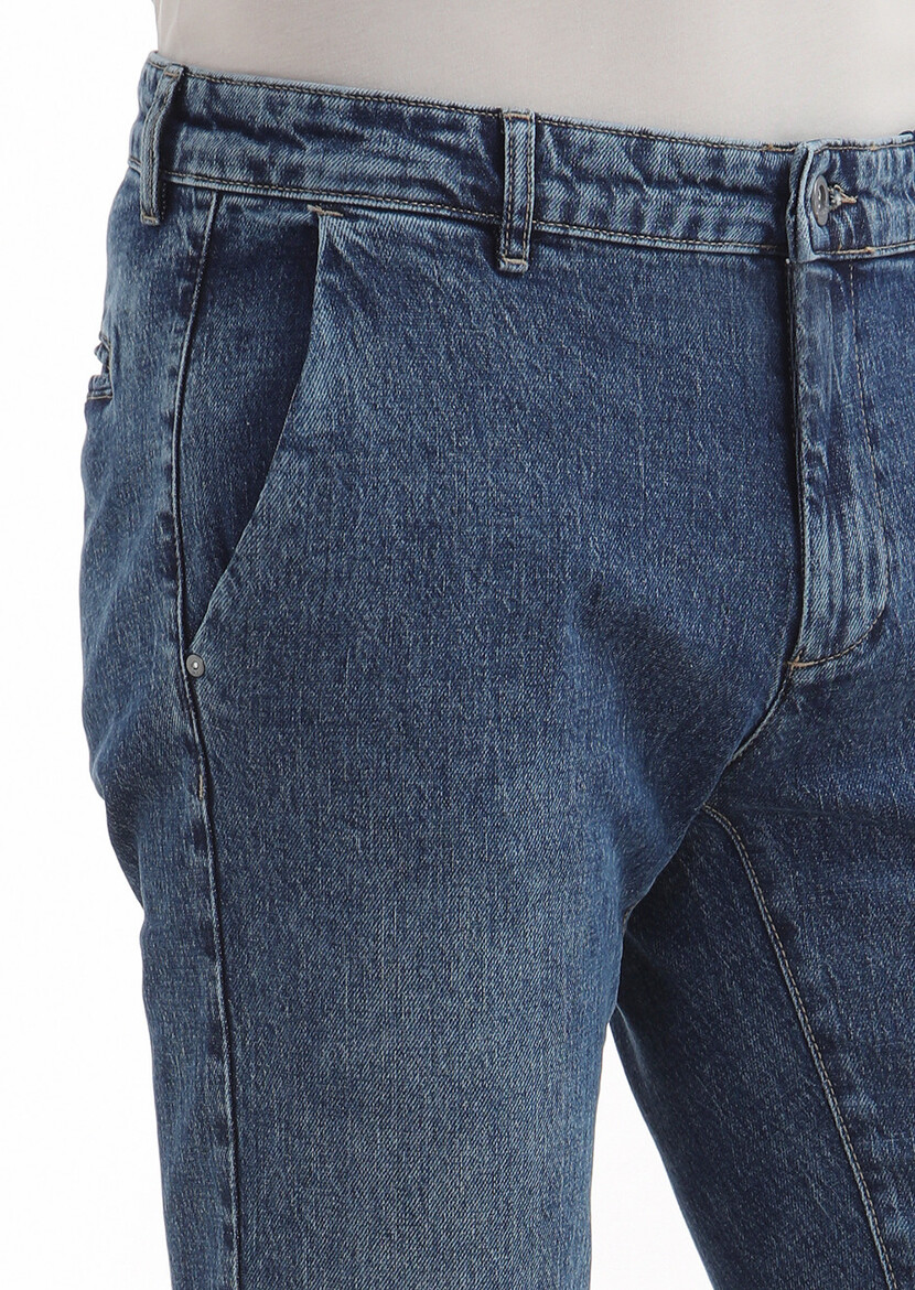 İndigo Düz Regular Fit Denim Pamuk Karışımlı Pantolon - Thumbnail
