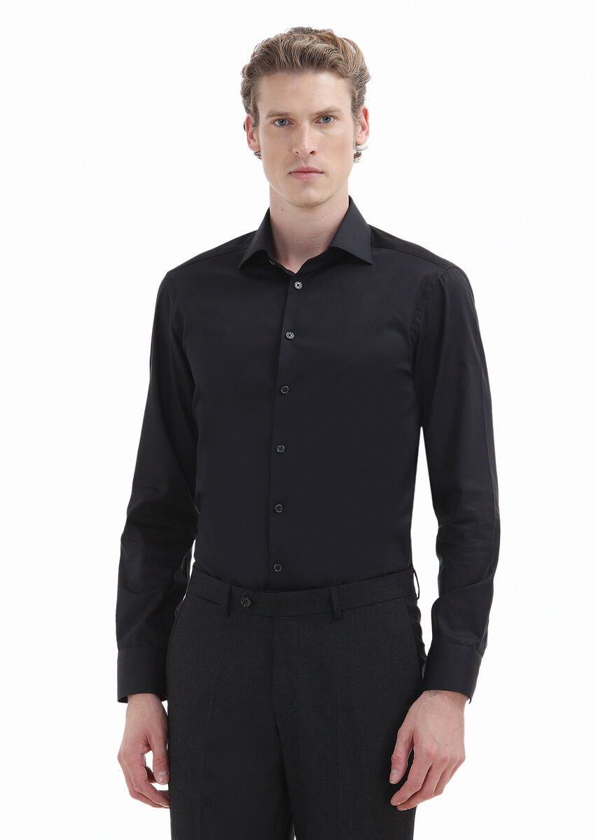 Siyah Düz Slim Fit Dokuma Klasik %100 Pamuk Gömlek