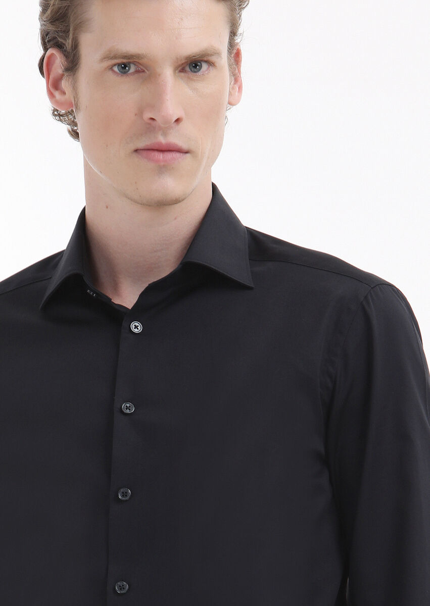 Siyah Düz Slim Fit Dokuma Klasik %100 Pamuk Gömlek