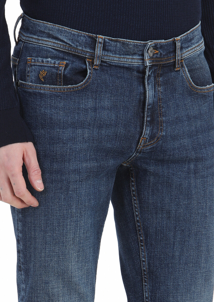 Lacivert Düz Slim Fit Denim Pamuk Karışımlı Pantolon - Thumbnail