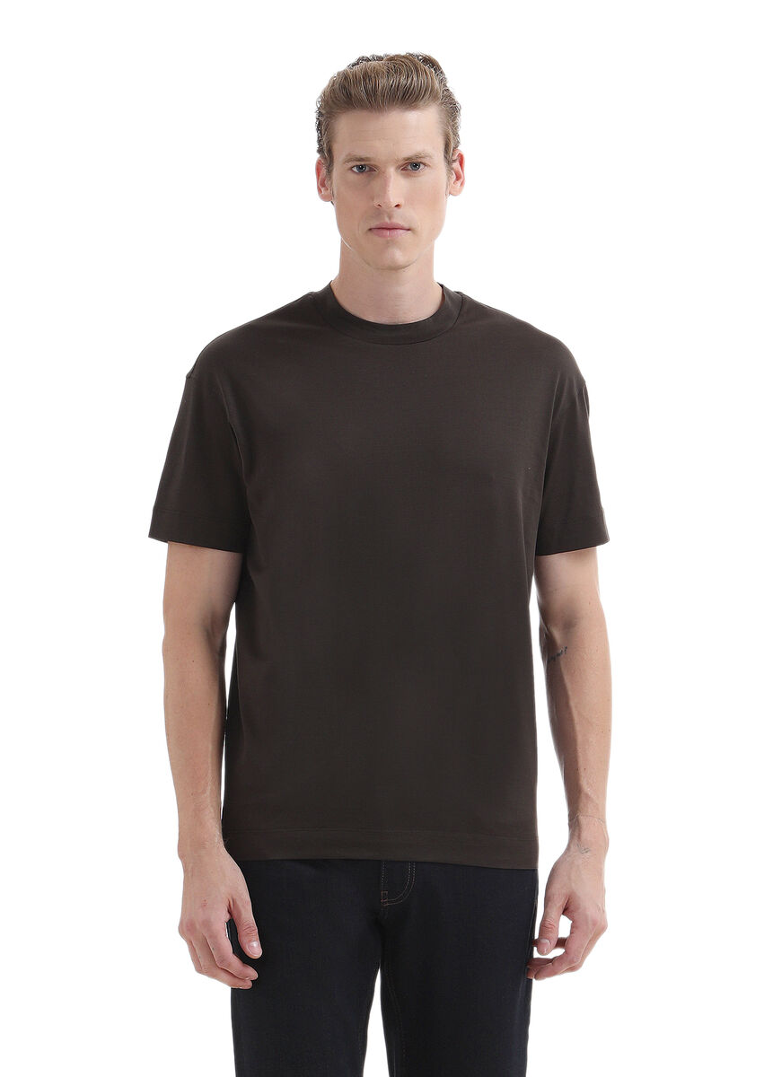 Kahverengi Düz Bisiklet Yaka %100 Pamuk T-Shirt